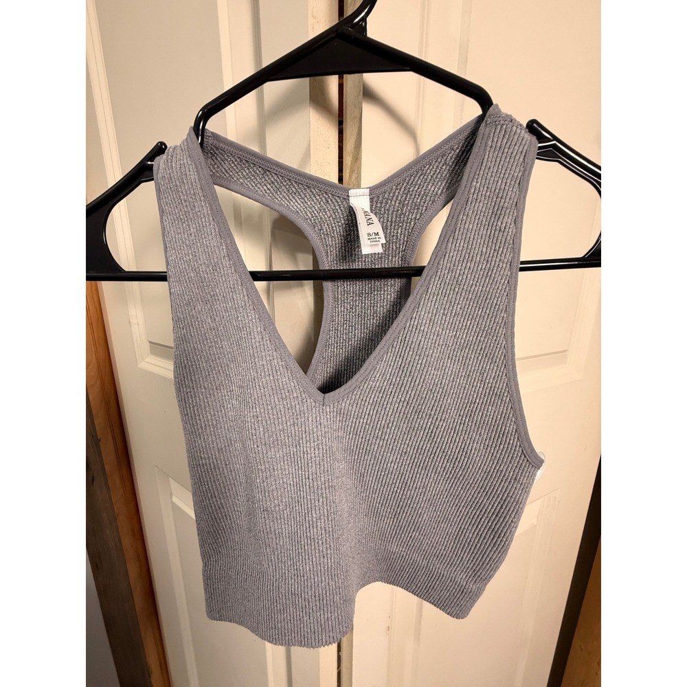Zenana Womens Ribbed Racerback Tank Brami V-Neck Crop Gray Athleisure Size S/M